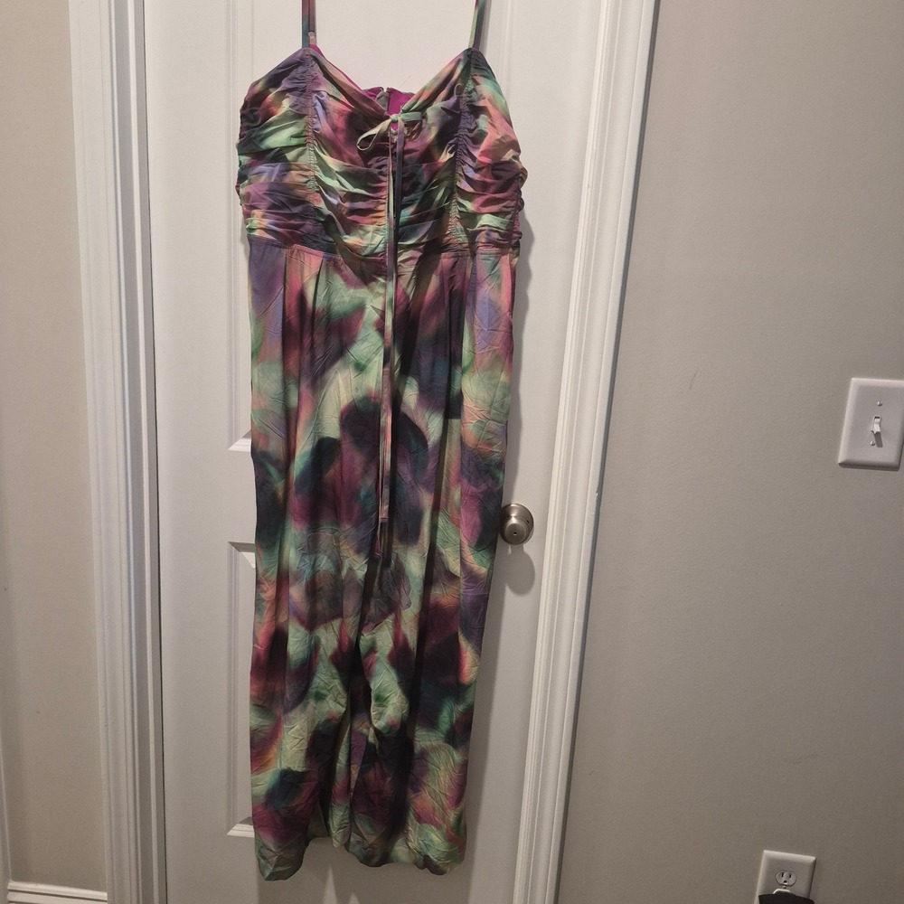 Womens Abstract Watercolor Ruched Wide Leg Jumpsuit Purple Green Multi Strappy